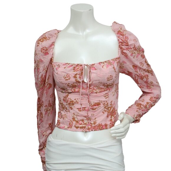 Free People Hilary Pink Floral Blouse Tie Neck Boho Prairie Top Keyhole Bust - Picture 3 of 11